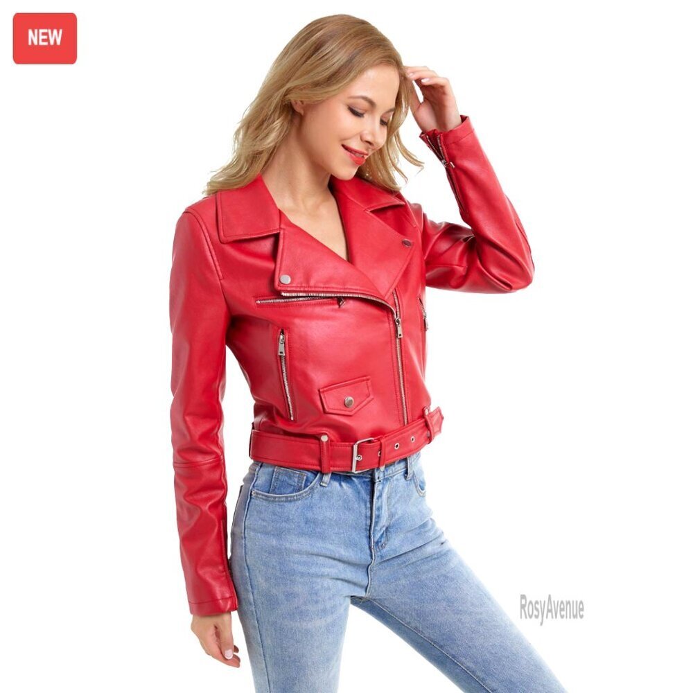 Crop Faux Leather Moto Jacket, Slim Fit with Zip Cuffs & Waist Belt